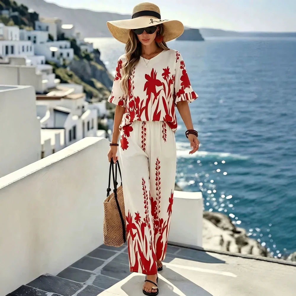 Women's Flutter Sleeve Top & Wide-Leg Pants Set