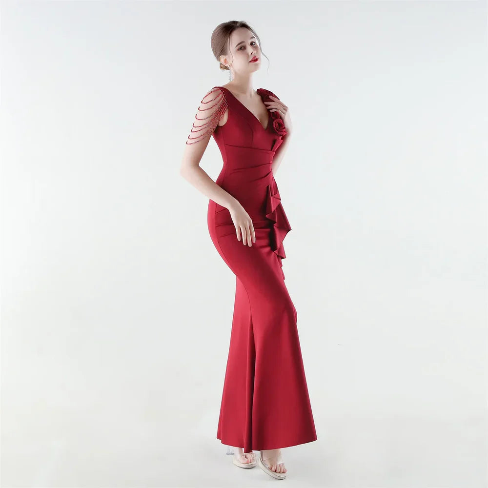 Women's Floral Shoulder Ruffle Evening Gown