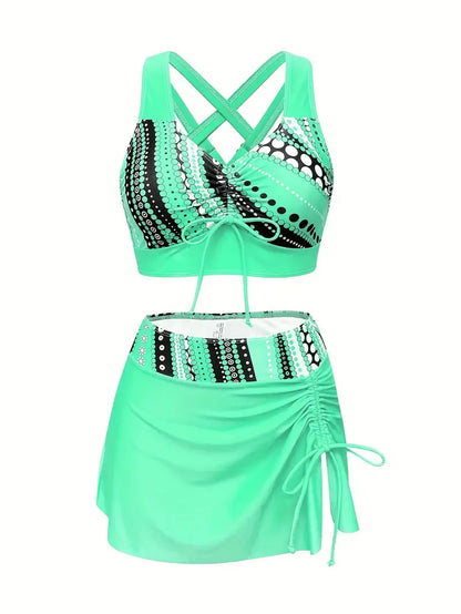 Women's Printed Drawstring Tankini Swim Set with Skirt