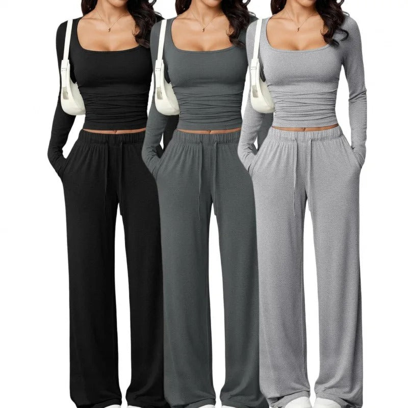 Women's Square-Neck Top and Wide-Leg Pants Set