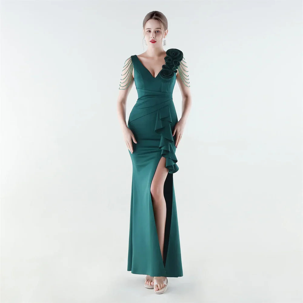 Women's Floral Shoulder Ruffle Evening Gown