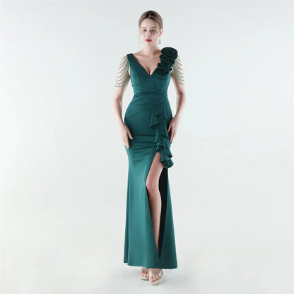 Women's Floral Shoulder Ruffle Evening Gown