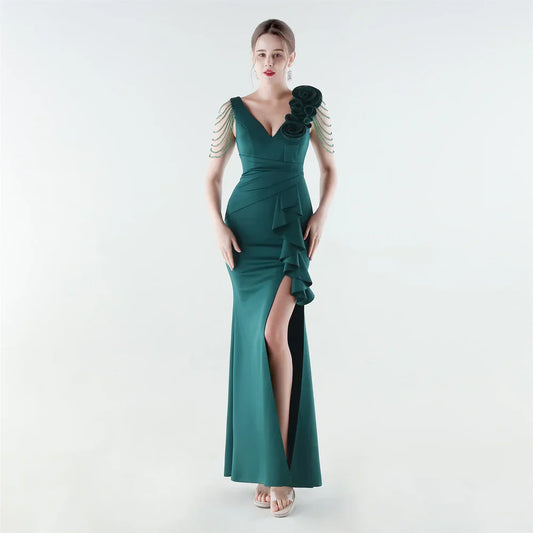 Women's Floral Shoulder Ruffle Evening Gown