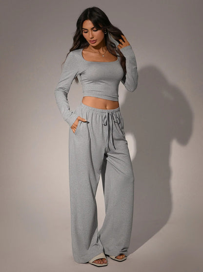 Women's Square-Neck Top and Wide-Leg Pants Set