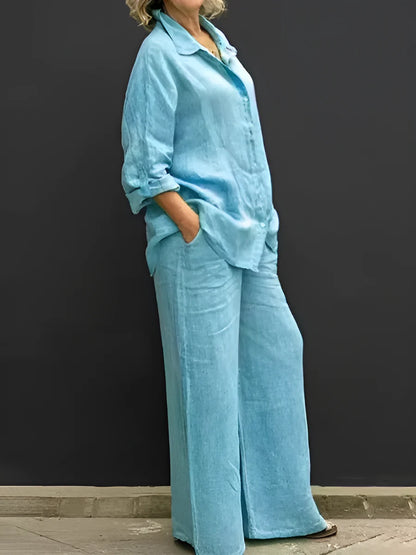 Women's Button-Up Shirt and Wide-Leg Pants Set