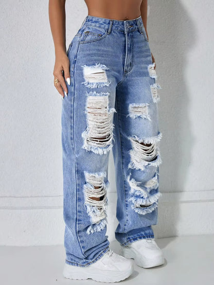 Women's High-Rise Ripped Wide-Leg Jeans