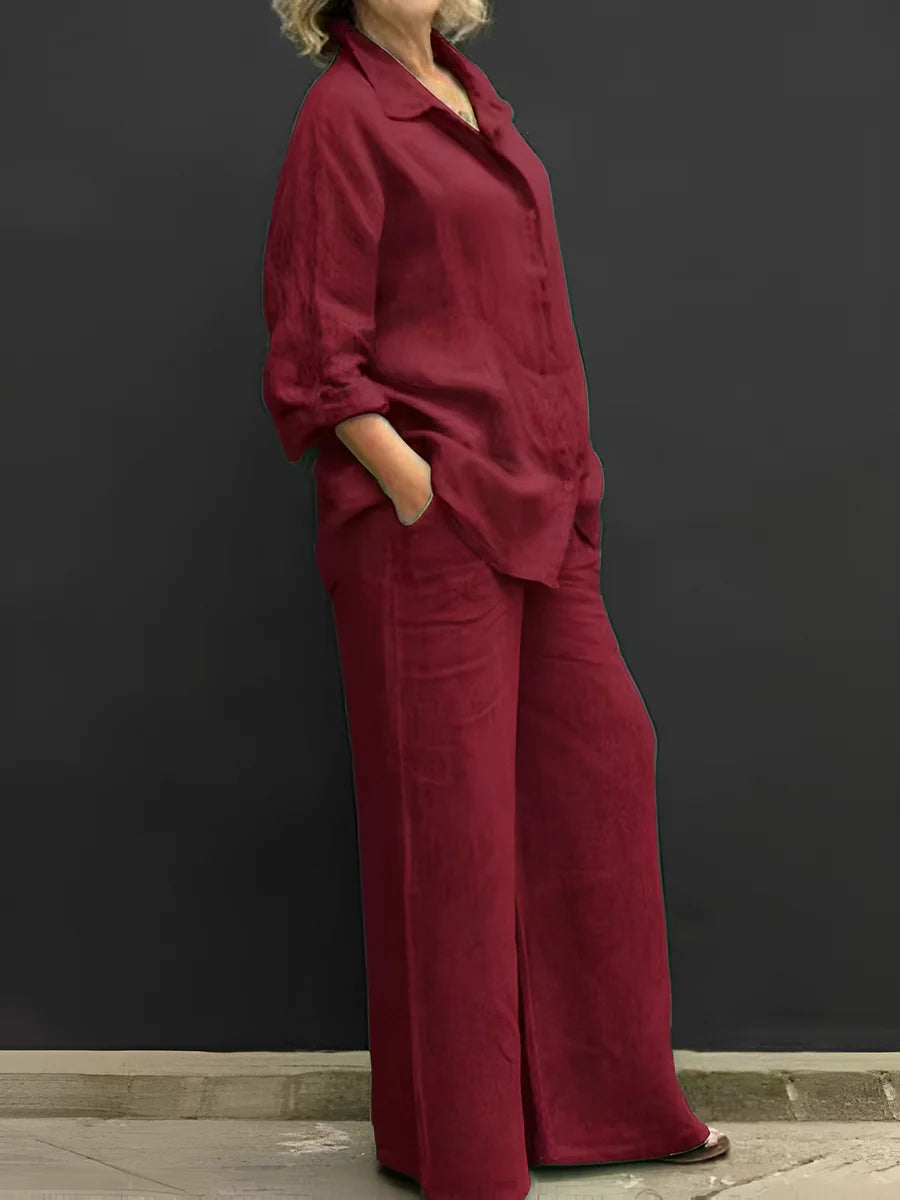 Women's Button-Up Shirt and Wide-Leg Pants Set