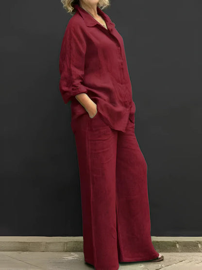 Women's Button-Up Shirt and Wide-Leg Pants Set