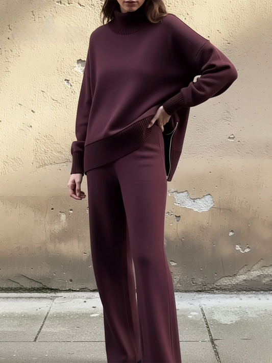 Women’s Stand-Collar Side-Zip Travel Top & Straight-Leg Trousers Set