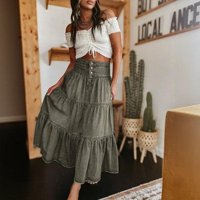 Women's Tiered Denim Maxi Skirt