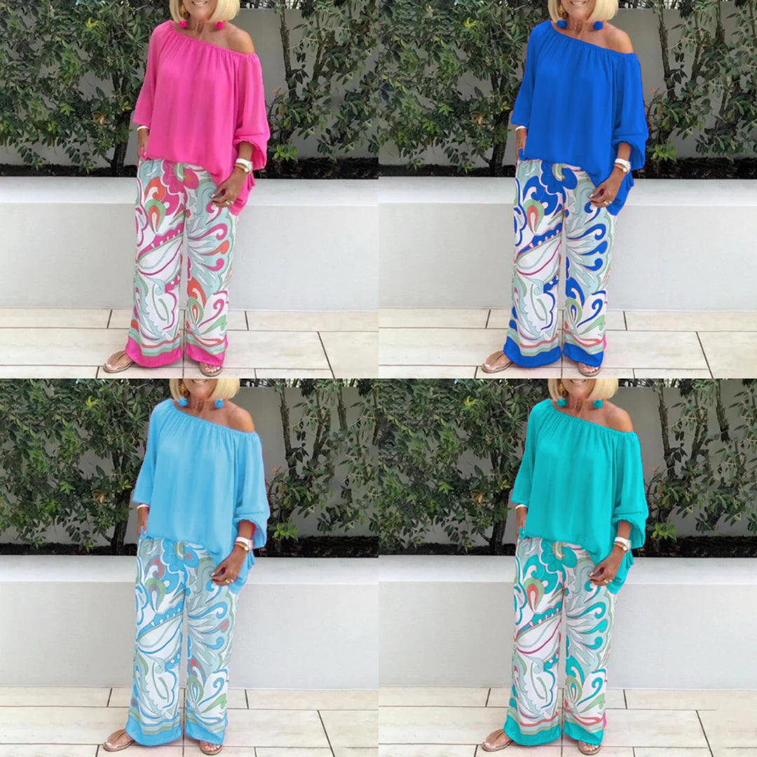 Women's Off-Shoulder Top and Printed Pants Set