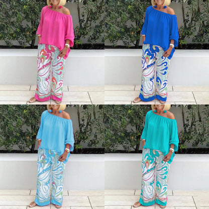 Women's Off-Shoulder Top and Printed Pants Set