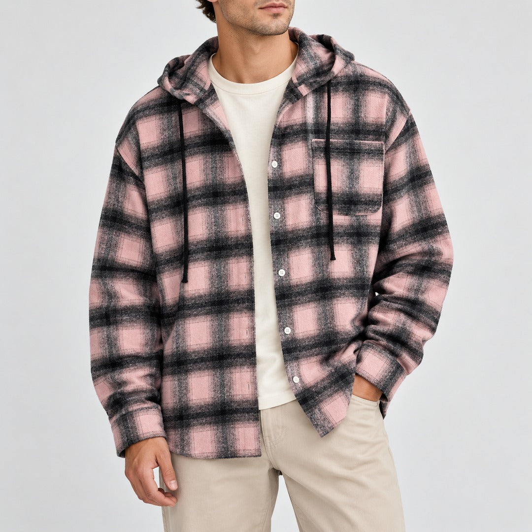 Men's Plaid Hooded Button Shirt