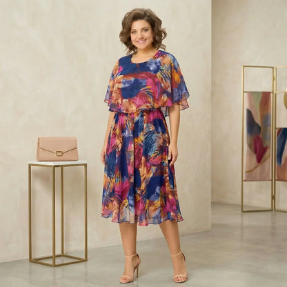 Women's Printed Chiffon Overlay Midi Dress