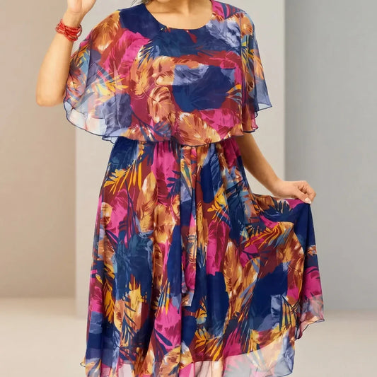 Women's Printed Chiffon Overlay Midi Dress