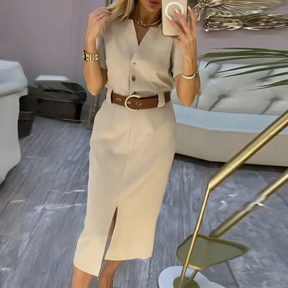 Women's Belted Front Slit Shirt Dress