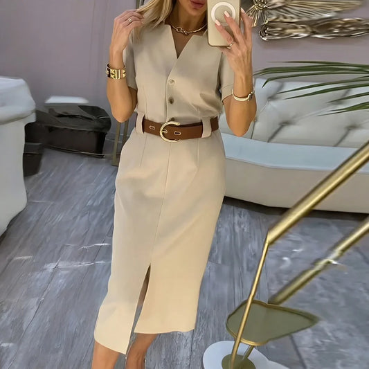 Women's Belted Front Slit Shirt Dress