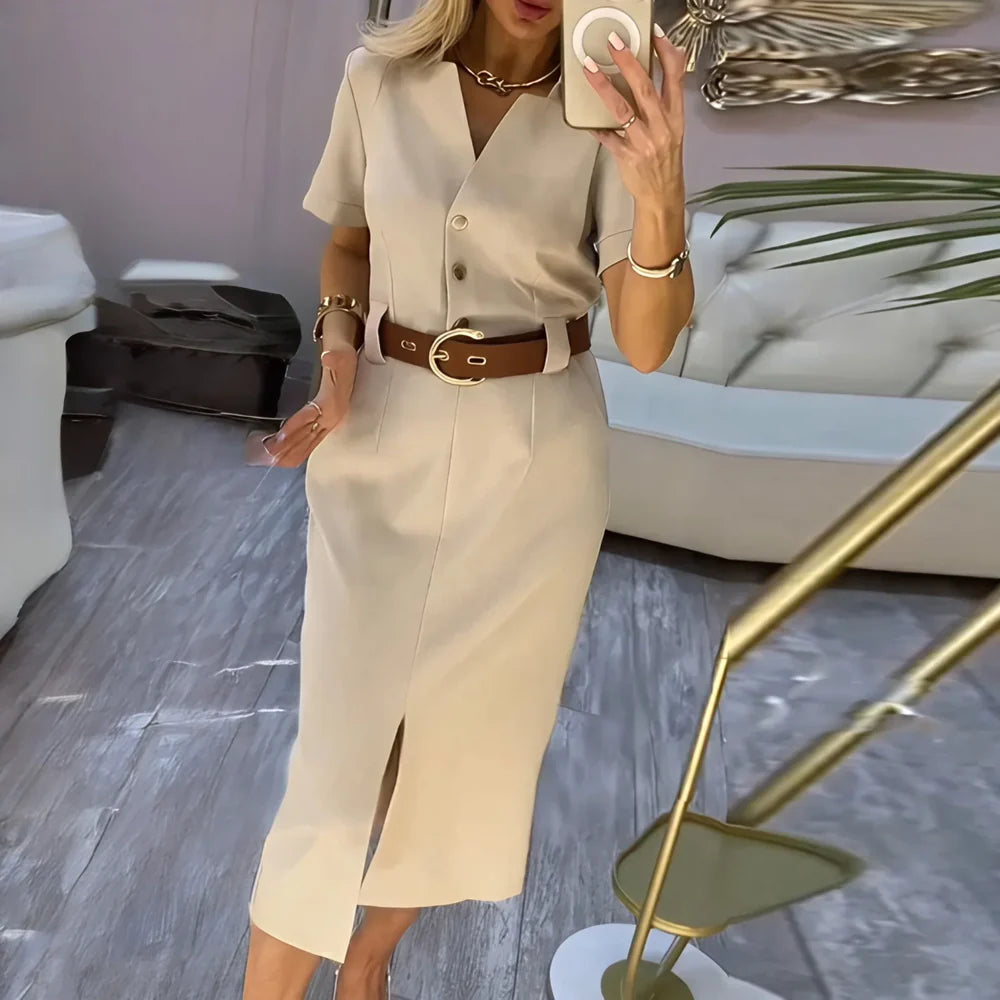 Women's Belted Front Slit Shirt Dress