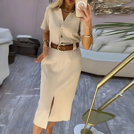 Women's Belted Front Slit Shirt Dress