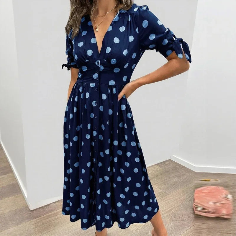 Women's V-Neck Polka Dot Midi Dress