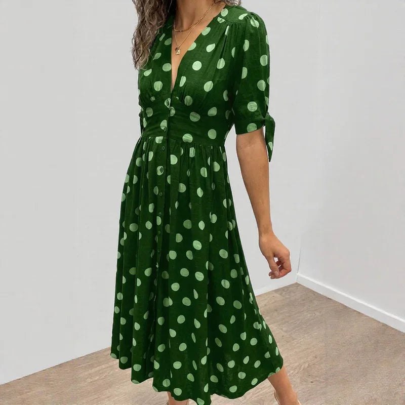 Women's V-Neck Polka Dot Midi Dress