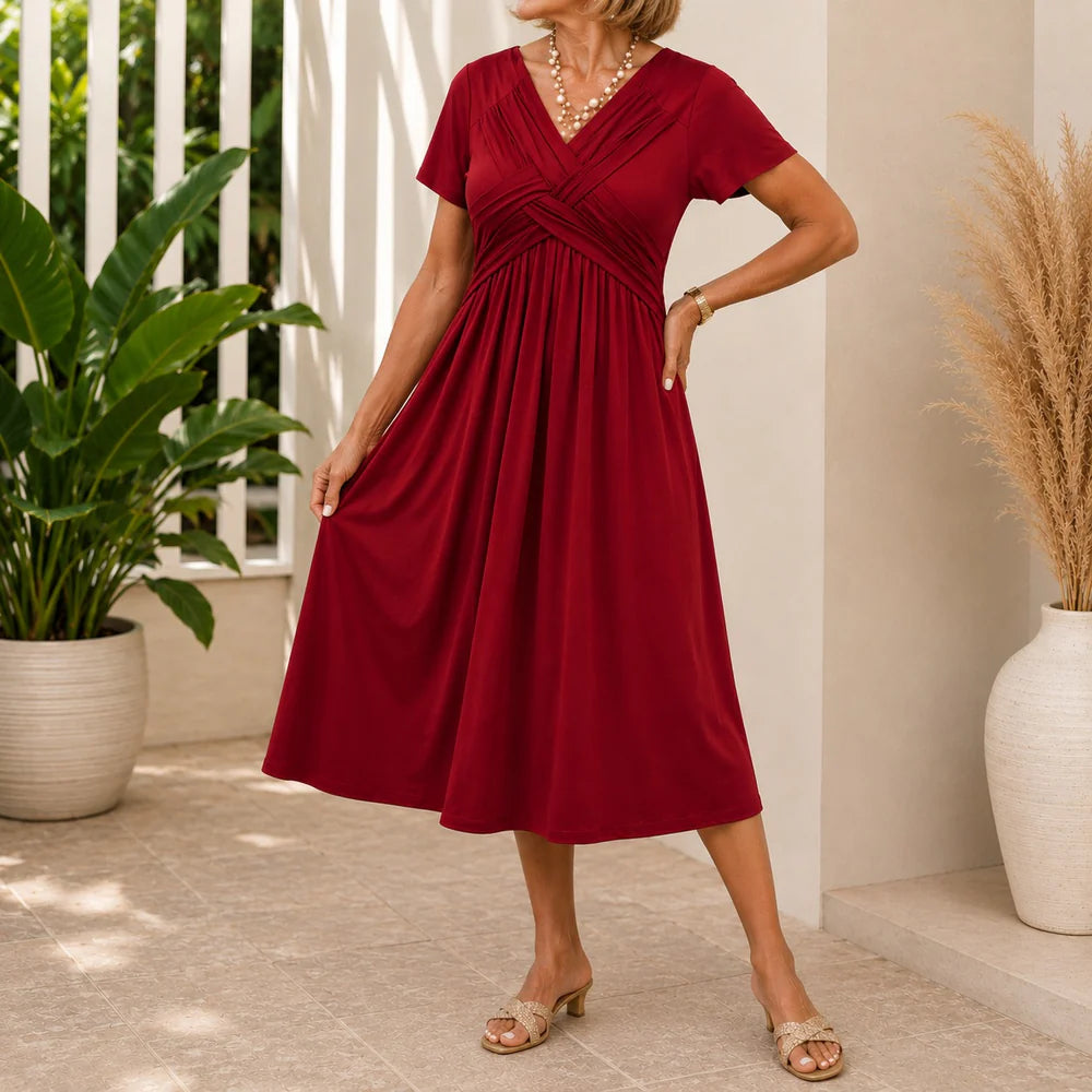 Women's Draped V-Neck Midi Dress