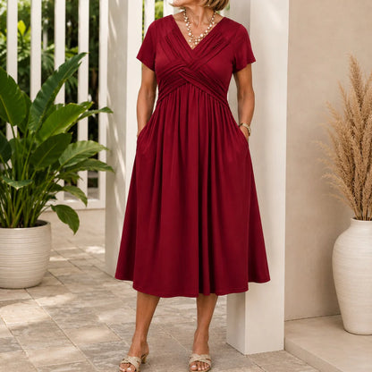 Women's Draped V-Neck Midi Dress