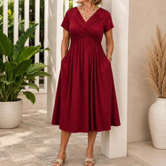 Women's Draped V-Neck Midi Dress