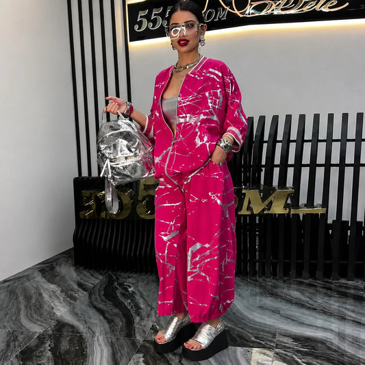 Abstract Print Bomber Jacket and Pants Set