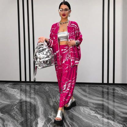 Abstract Print Bomber Jacket and Pants Set