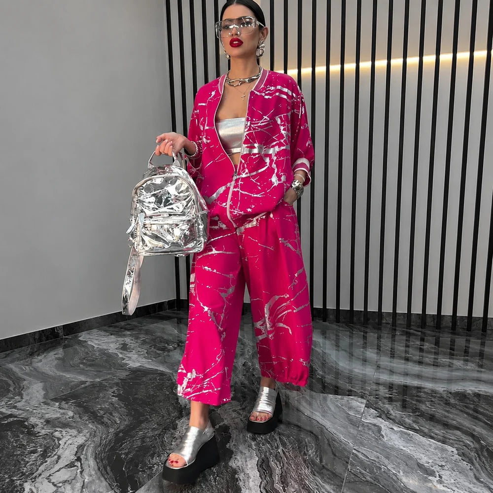 Abstract Print Bomber Jacket and Pants Set