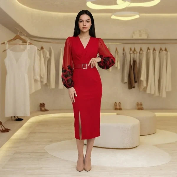 Women’s Cross-Over Neckline Belted Dress