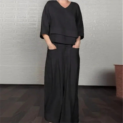Women's V-Neck Top and Wide-Leg Pants Set
