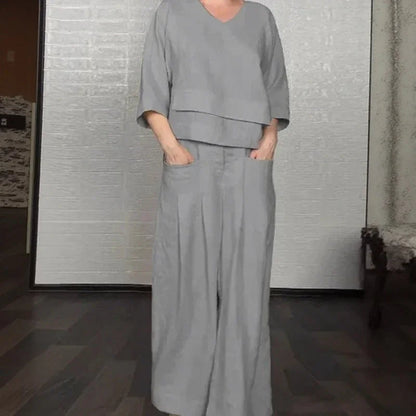 Women's V-Neck Top and Wide-Leg Pants Set