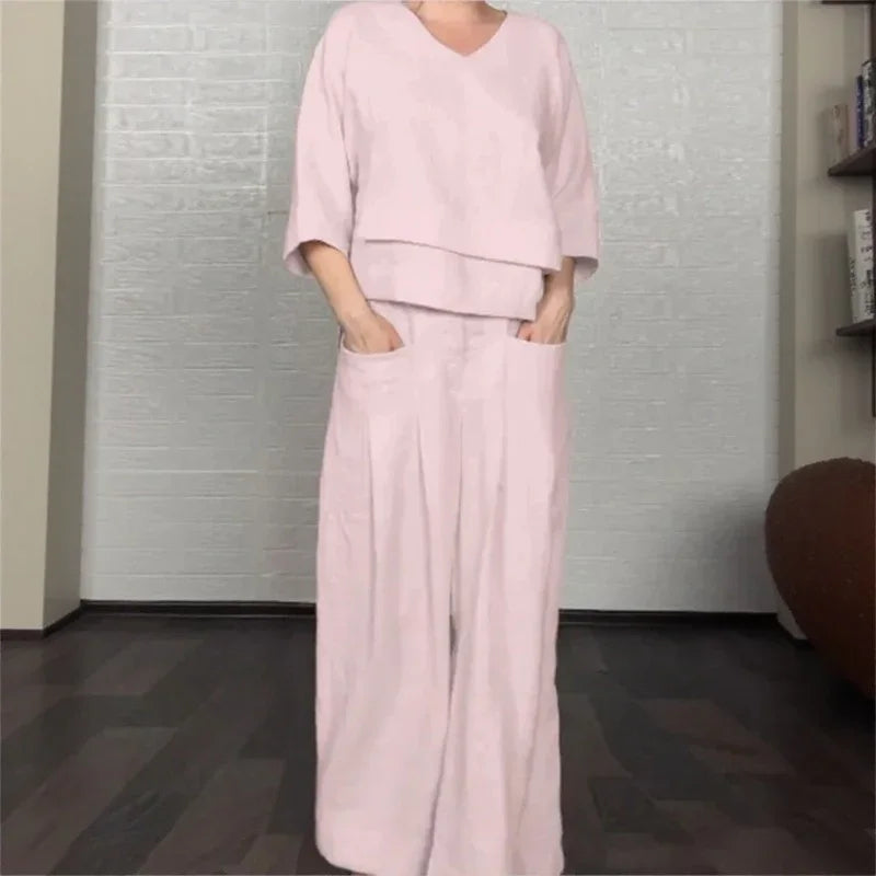 Women's V-Neck Top and Wide-Leg Pants Set