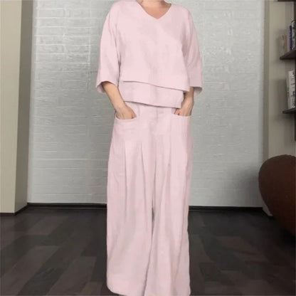 Women's V-Neck Top and Wide-Leg Pants Set
