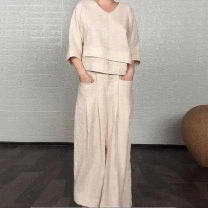 Women's V-Neck Top and Wide-Leg Pants Set