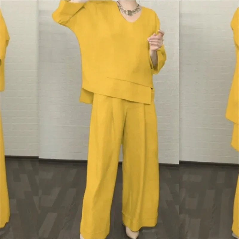 Women's V-Neck Top and Wide-Leg Pants Set