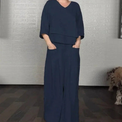 Women's V-Neck Top and Wide-Leg Pants Set