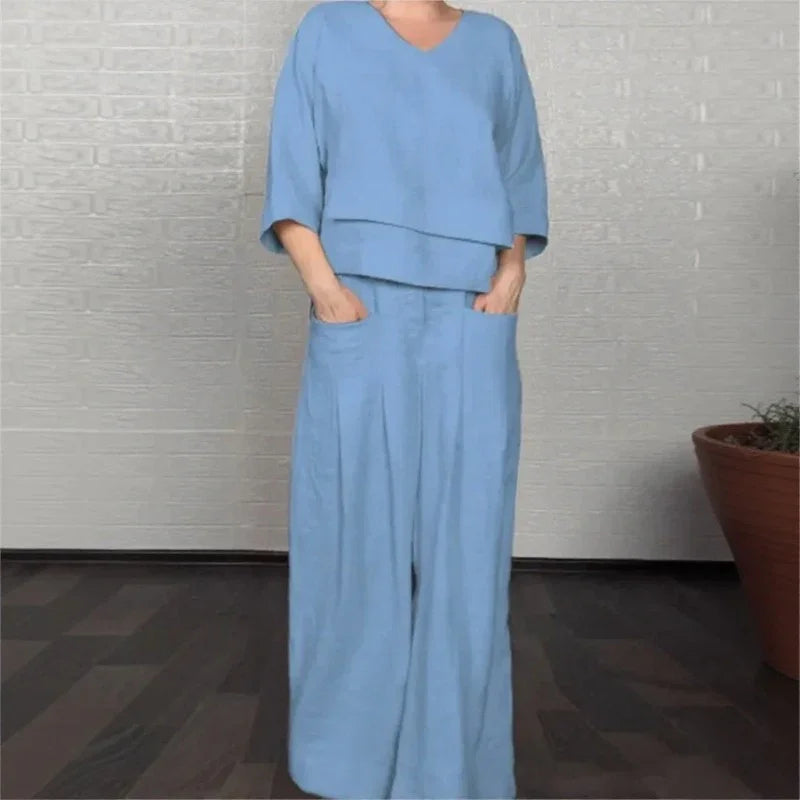Women's V-Neck Top and Wide-Leg Pants Set