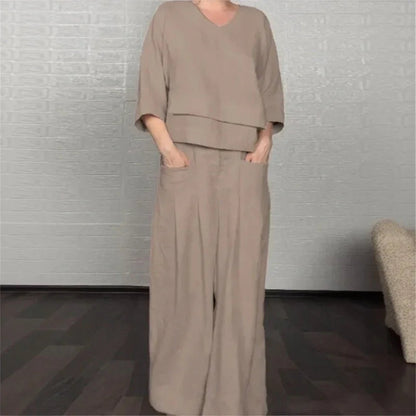 Women's V-Neck Top and Wide-Leg Pants Set
