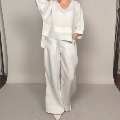 Women's V-Neck Top and Wide-Leg Pants Set