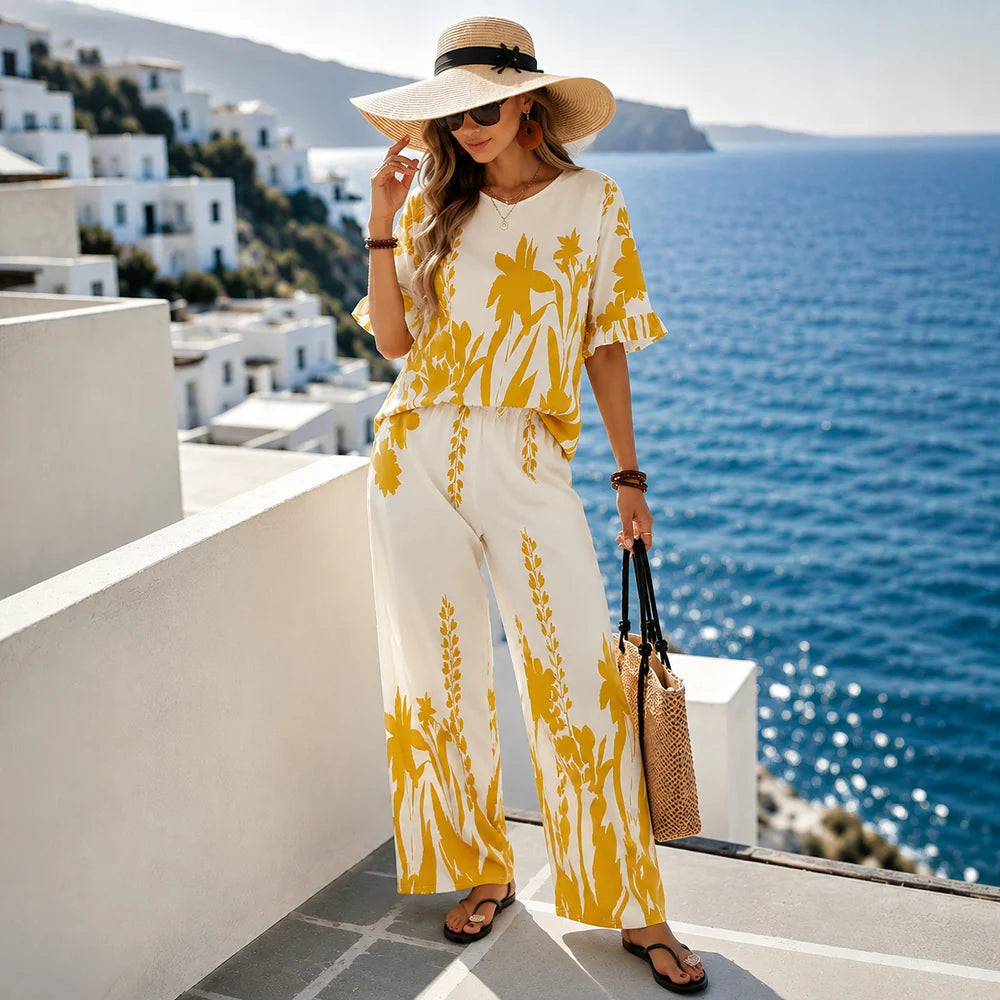 Women's Flutter Sleeve Top & Wide-Leg Pants Set
