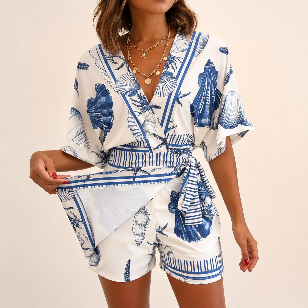 Women's Wrap V-Neck Printed Skort Romper