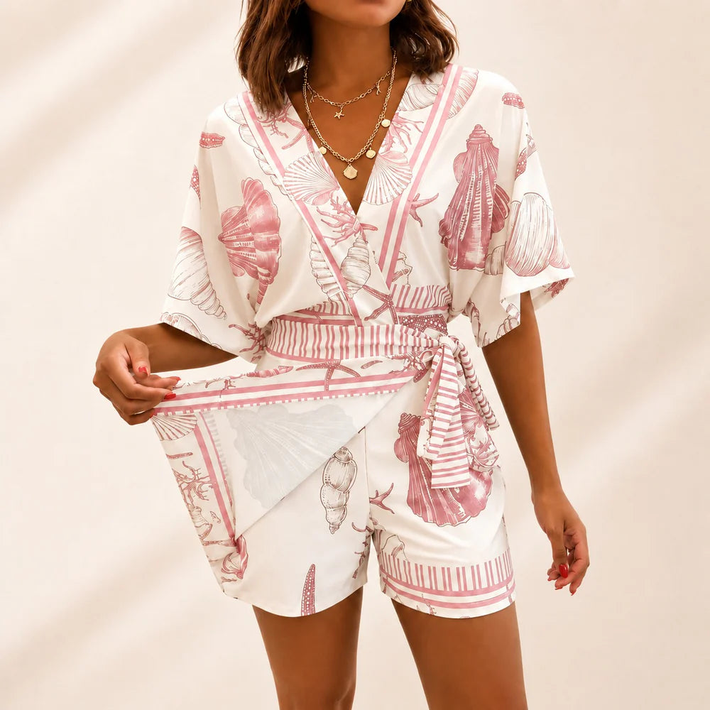 Women's Wrap V-Neck Printed Skort Romper