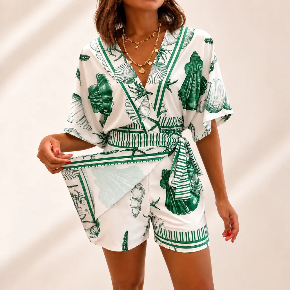 Women's Wrap V-Neck Printed Skort Romper