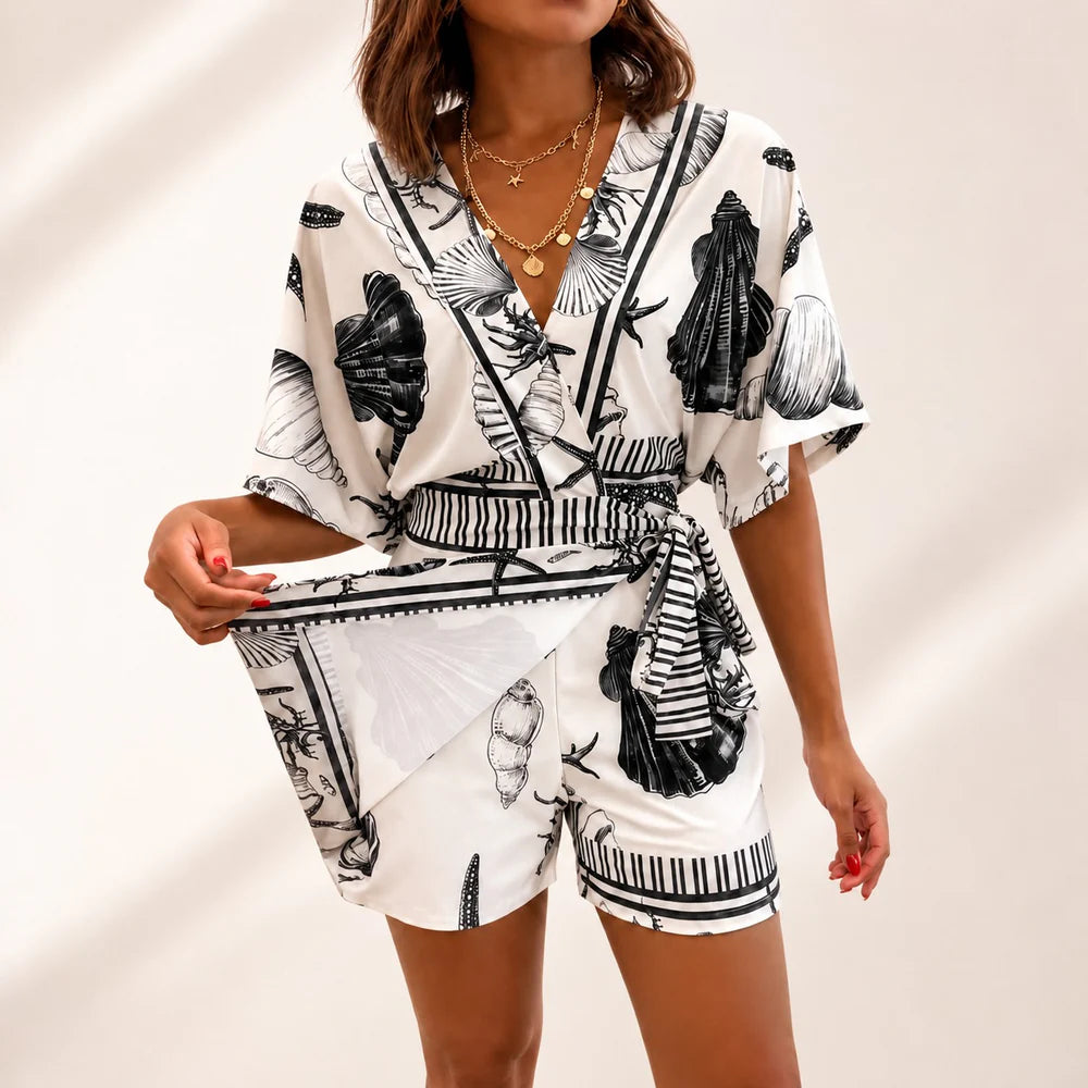 Women's Wrap V-Neck Printed Skort Romper
