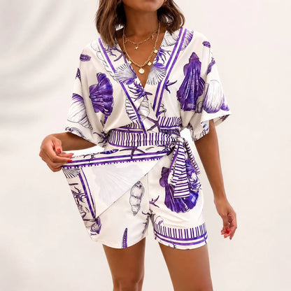 Women's Wrap V-Neck Printed Skort Romper