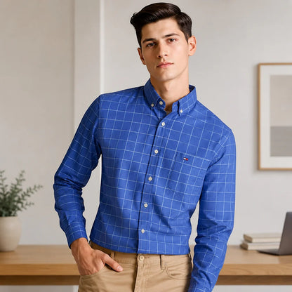 Men's Long-Sleeve Windowpane Check Shirt
