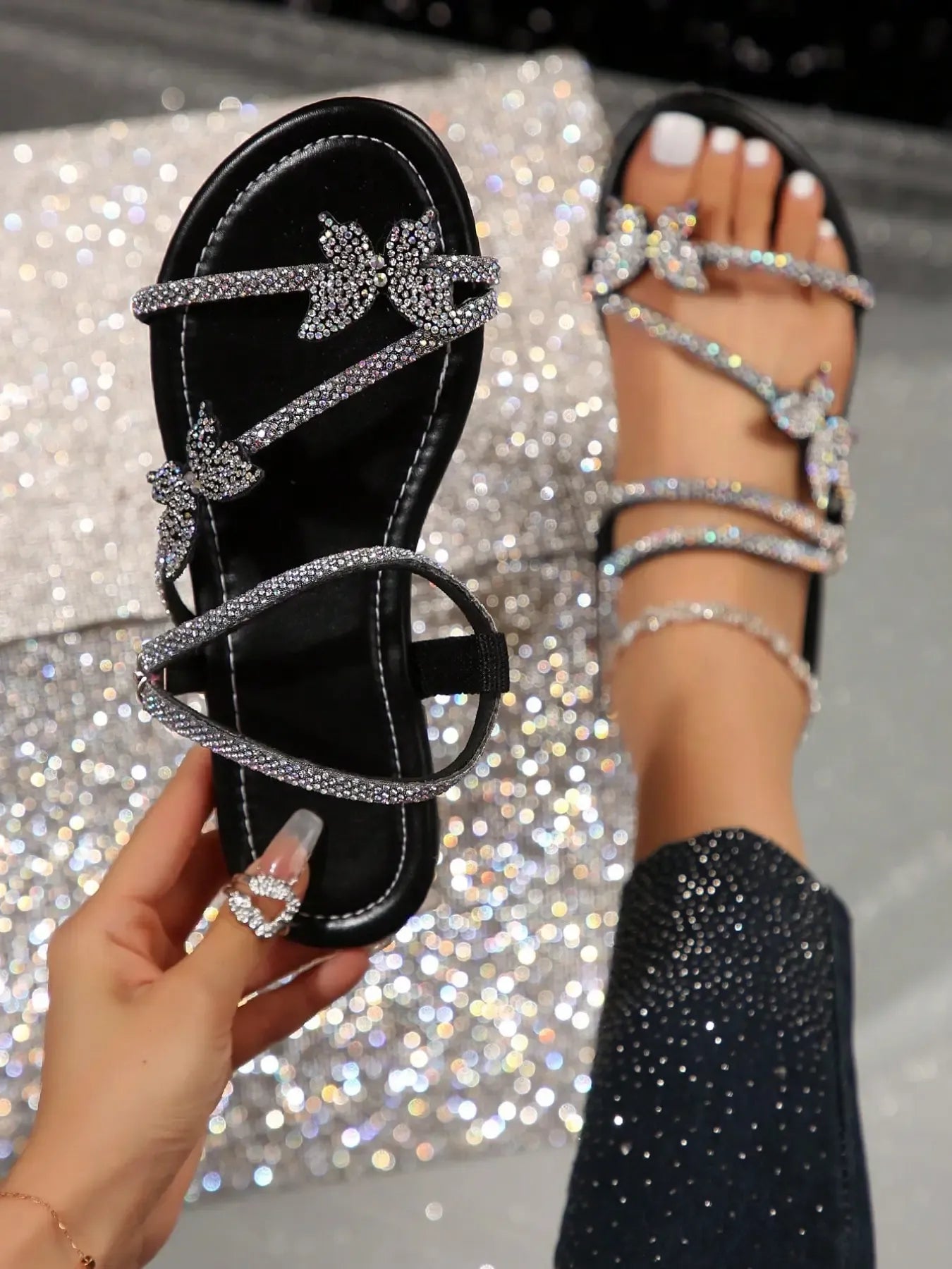 Women's Rhinestone Butterfly Multi-Strap Flat Sandals
